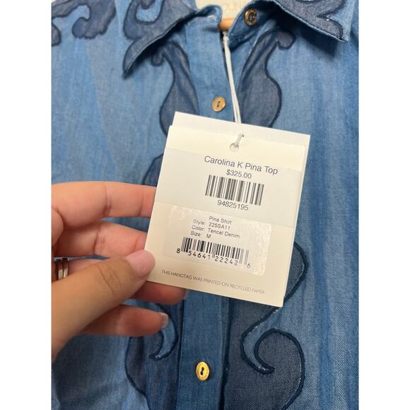 NWT Carolina K Pina Embroidered Denim Boxy Fit Short-Sleeve Shirt Blue Size: M - Picture 5 of 8